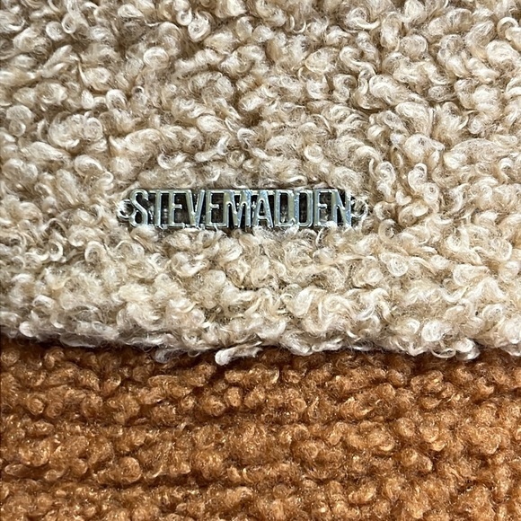 Steve Madden Patchwork Bucket Hat Sherpa Boucle Knit Neutral Tan Brown Cream - Picture 3 of 9